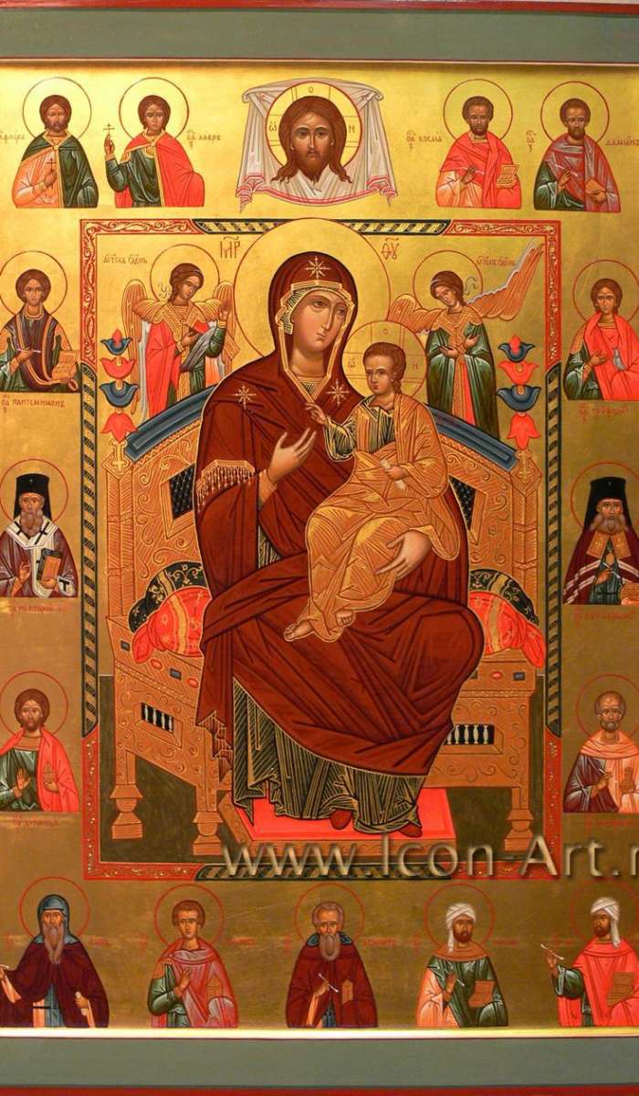 Икона Божией Матери Всецарица со святыми целителями на полях