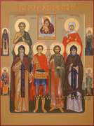 Семейная икона. Святой Иоанн Сирийский, святой Олег Брянский, святой Димитрий Солунский, святой мученик Инна, святой Игорь Черниговский, святая Ирина Коринфская и образ Пресвятой Богородицы &laquo;Почаевская&raquo;