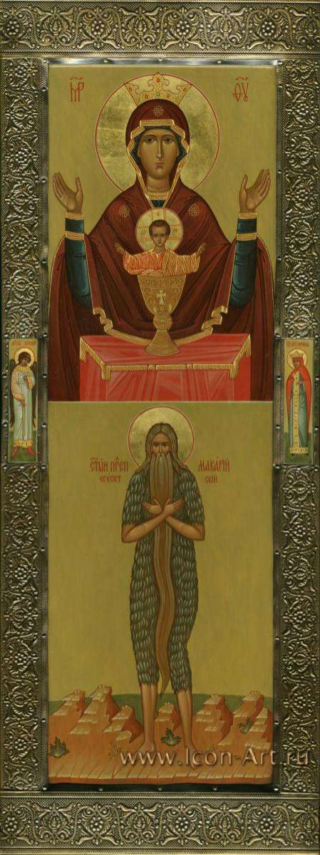 Фото: Икона Пресвятой Богородицы «Неупиваемая Чаша» и Святой пресвитер Макарий Великий, Египетский. На полях иконы святой Ангел Хранитель и святая вмц. Ирина Македонская. Мальчик Макарий родился в день празднования иконы Пресвятой Богородицы «Неу