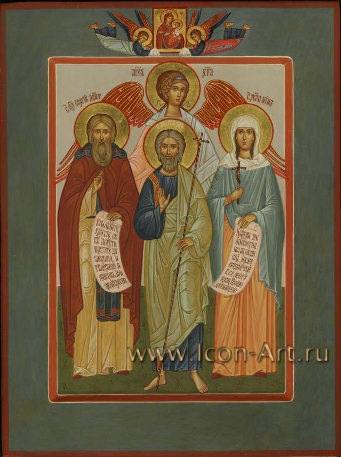 Фото: Семейная икона, на которой изображены: святой апостол Андрей Первозванный, святой преподобный Сергий Радонежский, святая равноапостольная Нина и святой Ангел Хранитель.