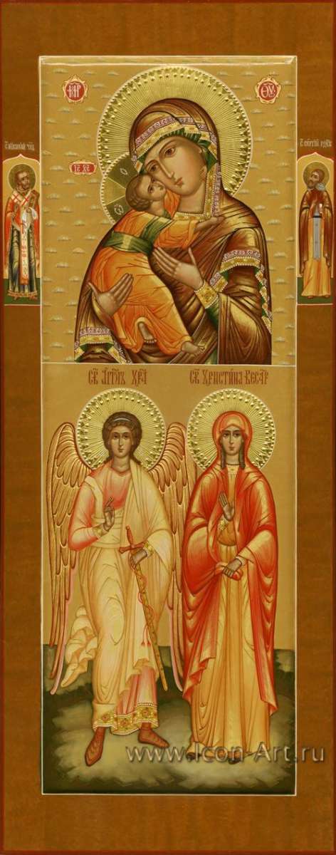 Фото: Святая мц. Христина Кесарийская (Каппадокийская) и Святой Ангел Хранитель. Образ Пресвятой Богородицы «Владимирская». На полях иконы: святой Николай чуд. и прп. Сергий Радонежский.