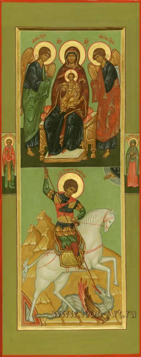Фото: Мерная икона. Кипрская икона Пресвятой Богородицы (праздновалась в день рождения мальчика Георгия) и Чудо святого Георгия о змие. На полях иконы святые покровители родителей Георгия: святой свщмч. Андрей Ефесский пресвитер и святая мч. Ника