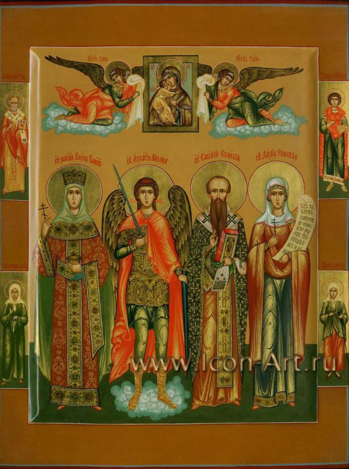Фото: Семейная икона. Святая равноап. Елена, святой Архангел Михаил, святой Василий Великий и святая Дария Римская