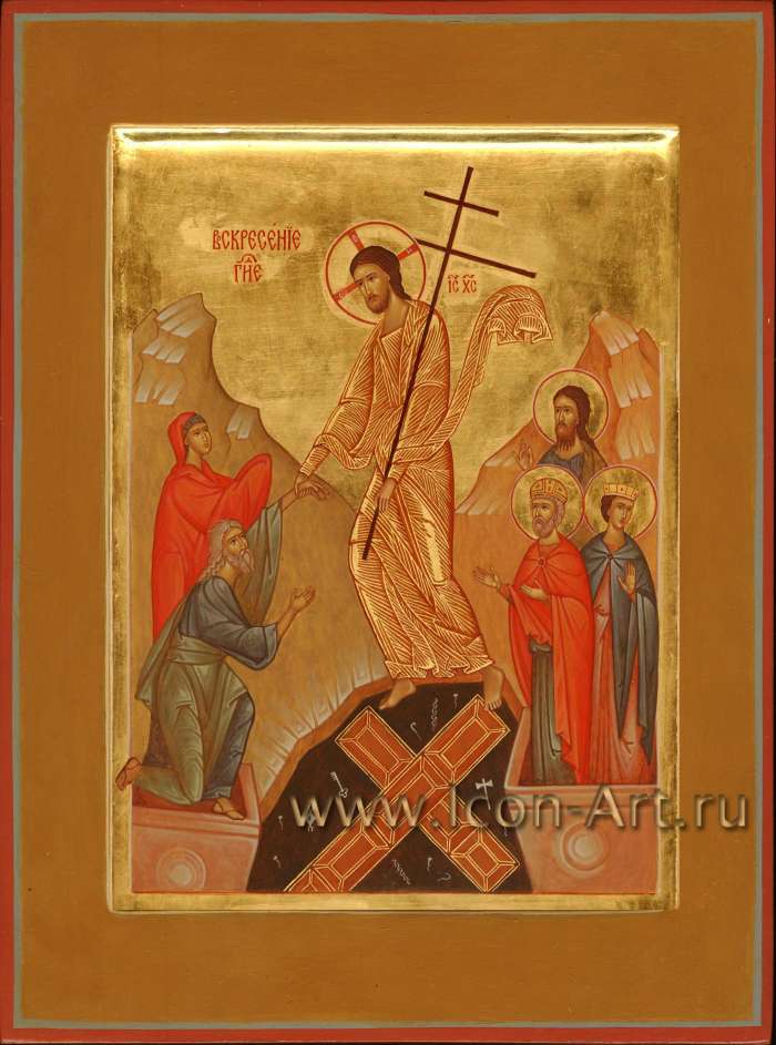 Воскресение Христово (Сошествие во ад), состаренная икона с Христом над вратами ада и группами святых