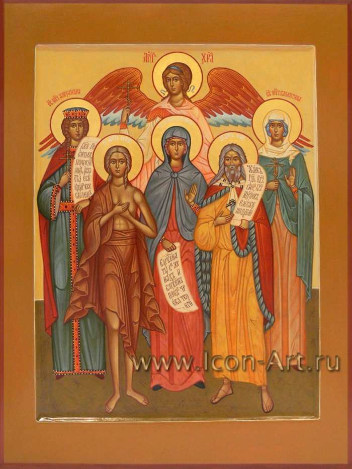 Фото: Семейная икона, на которой изображены: святой пророк Божий Илия, святая мц. Алевтина, святая праведная Елисавета, святая Мария Египетская, святая мц. царица Александра и святой Ангел Хранитель.