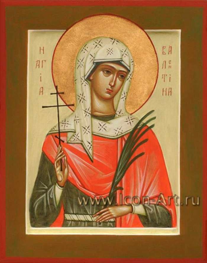 Святая Алевтина (Валентина) Кесарийская (Палестинская), мц., поясной образ в красном одеянии с тремя темными крестами слева
