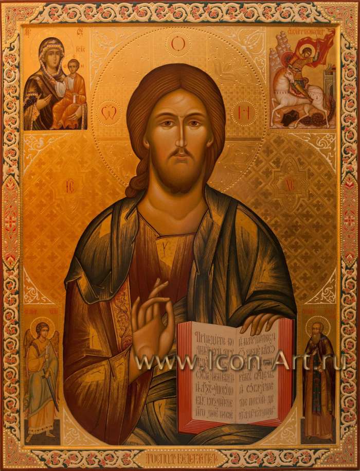 Фото: Икона Иисуса Христа Вседержителя. Образ Пресвятой Богородица «Смоленская», святой Георгий Победоносец, святой Ангел Хранитель и святой праведный Иосиф Волоцкий