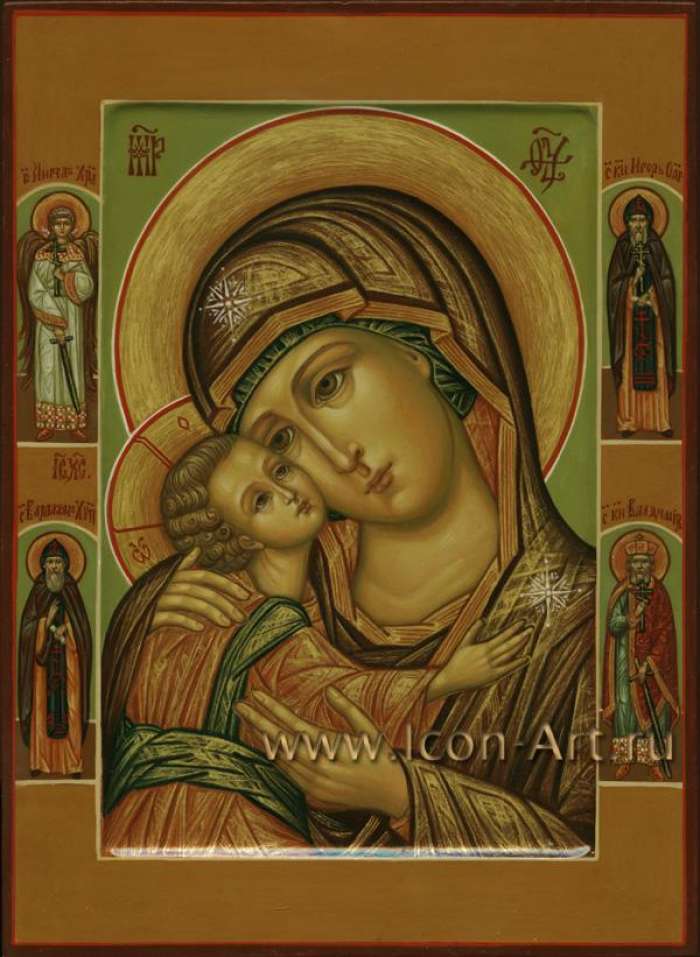 Фото: Икона Пресвятой Богородицы «Игоревская». На полях иконы: святой Ангел Хранитель, святой вел. князь Игорь Олегович Черниговский и Киевский, святой прп. Варлаам Хутынский, святой равноап. князь Владимир