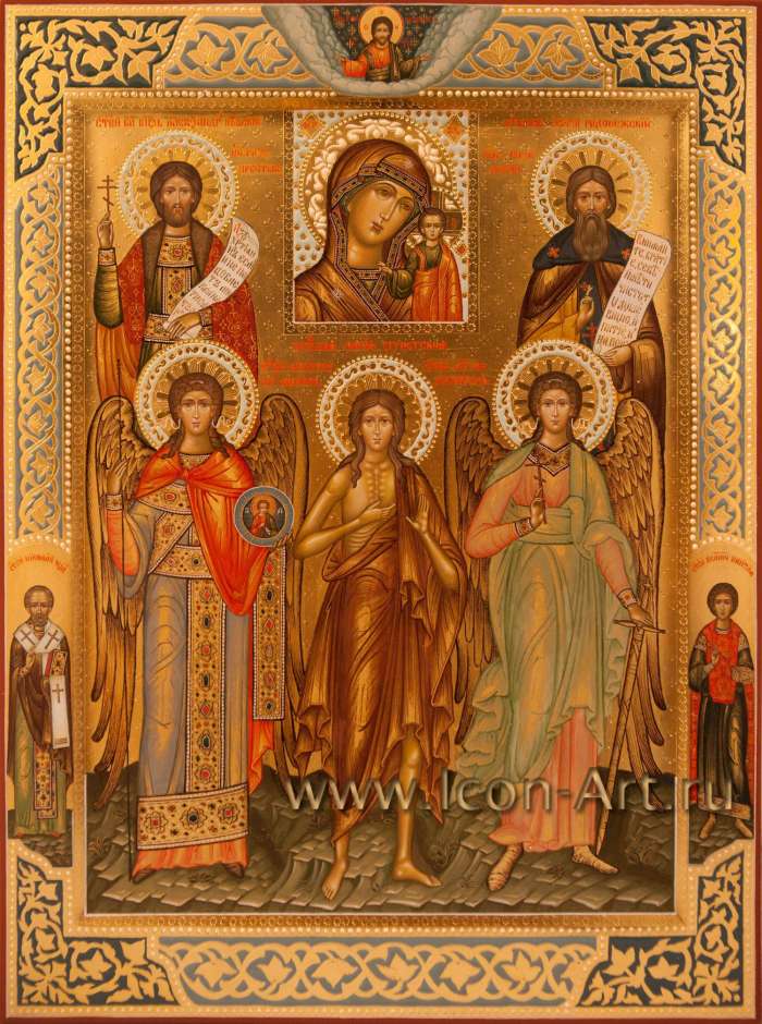 Фото: Семейная икона. Святой Александр Невский, святой Архистратиг Михаил, святая Мария Египетская, святой Ангел Хранитель, святой Сергий Радонежский