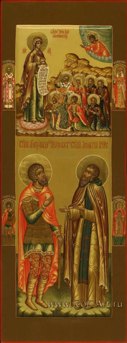 Фото: Святой Александр Пересвет и святой Леонтий Печерский. Боголюбская икона Богоматери. На полях иконы: святой Александр, святая Елена, святой Георгий, святая Людмила.