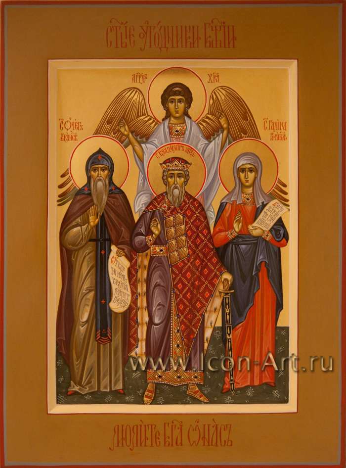 Фото: Семейная икона. Святой князь Олег Брянский, святой князь Владимир, святая Галина Коринфская и святой Ангел Хранитель