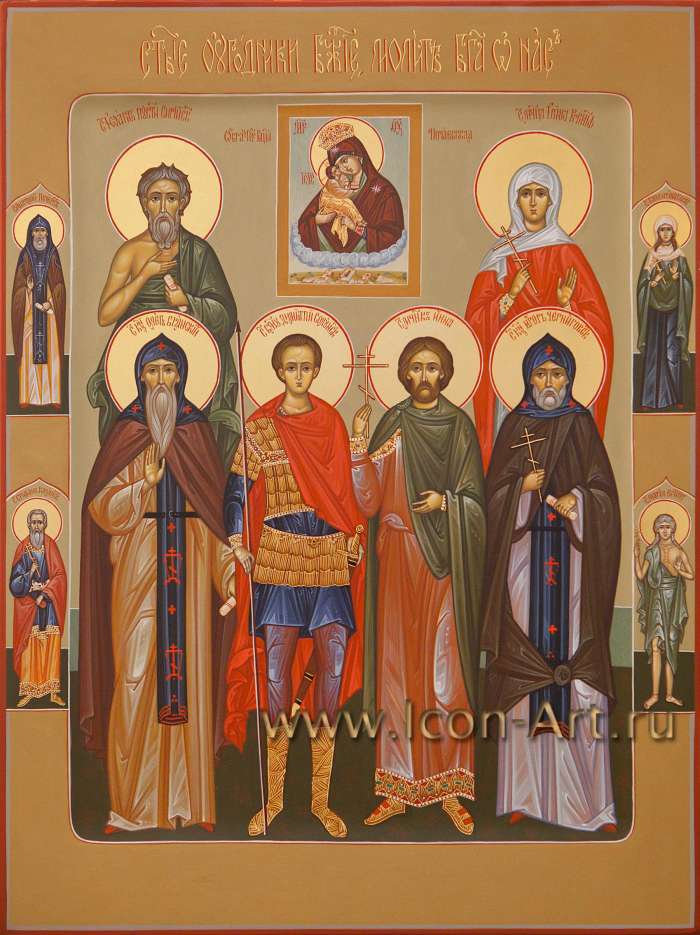 Фото: Семейная икона. Святой Иоанн Сирийский, святой Олег Брянский, святой Димитрий Солунский, святой мученик Инна, святой Игорь Черниговский, святая Ирина Коринфская и образ Пресвятой Богородицы «Почаевская»
