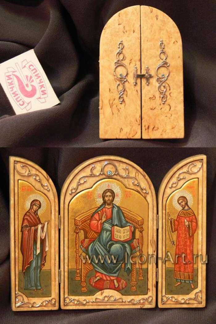 Фото: Складень. Господь Вседержитель, Пресвятая Богородица, святой Роман Сладкопевец