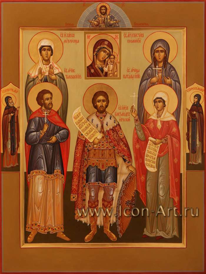 Фото: Семейная икона. Господь Вседержитель. Образ Пресвятой Богородицы «Казанская». Святые: Иоанна Мироносица, мученик Тимофей Палестинский, мученица Христина Кесарейская, Наталия Никомидийская и князь Александр Невский, преподобные Петр и Феврон