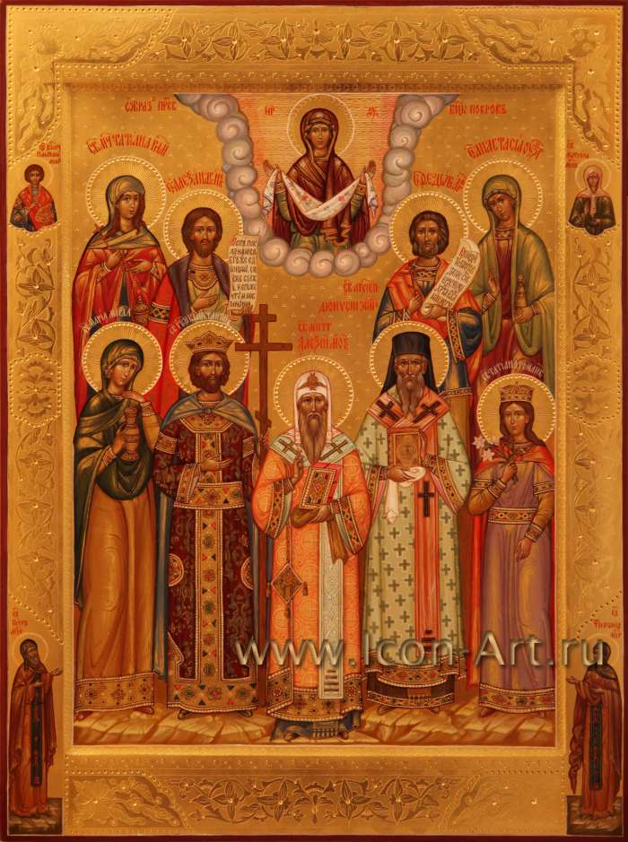 Фото: Семейная Икона Покров Пресвятой Богородицы. Князь Александр Невский, Феодор Африканский, Анастасия Узорешительница, Татиана Римская, Алексей митрополит Московский, Дионисий Эгинский, Мария Магдалина и равноапостольный Константин.