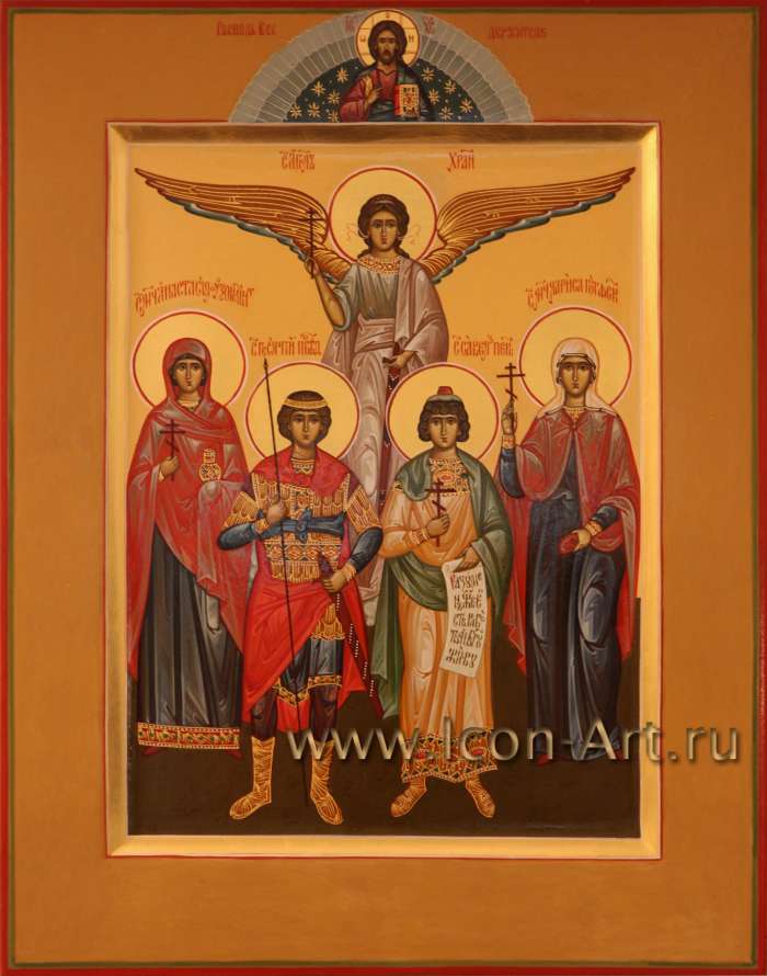 Фото: Семейная икона. Господь Вседержитель. Святые: Ангел Хранитель, Анастасия Узорешительница, Георгий Победоносец, Савел Персиянин, Лариса Готфская