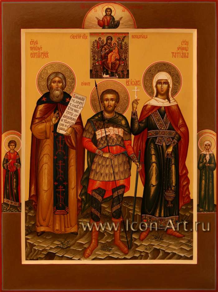 Фото: Семейная Икона. Господь Вседержитль, образ Пресвятой Богородици «Всецарица». Святые: Сергий Радонежский, Иоанн Воин, Татиана Римская. На полях святые: Целитель Пантелеимон и Матрона Московская