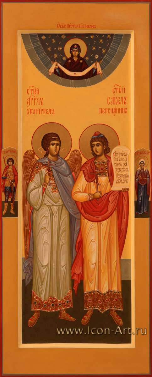 Фото: Мерная Икона. Покров Пресвятой Богородицы. Святые: Ангел Хранитель, Савел Персиянин. На полях святые: Георгий Победоносец и  Лариса Готфская