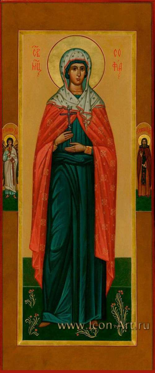 Фото: Мерная икона. Святая мц. София. На полях иконы святой Ангел Хранитель и прп. Сергий Радонежский