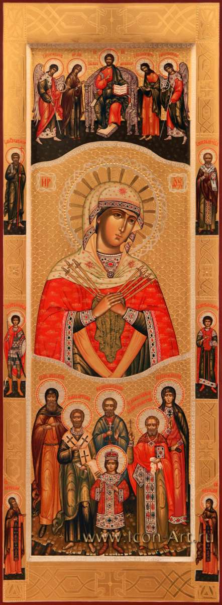 Фото: Семейная икона. Деисус. Образ Пресвятой Семистрельная, семейные святые: Царевич Димитрий Угльческий, Димитрий Плышевский, Анатолий Пичерский, Елисбар Касанский, Апостол Артема, Иулия Анкирская. На полях иконы избранные святые.