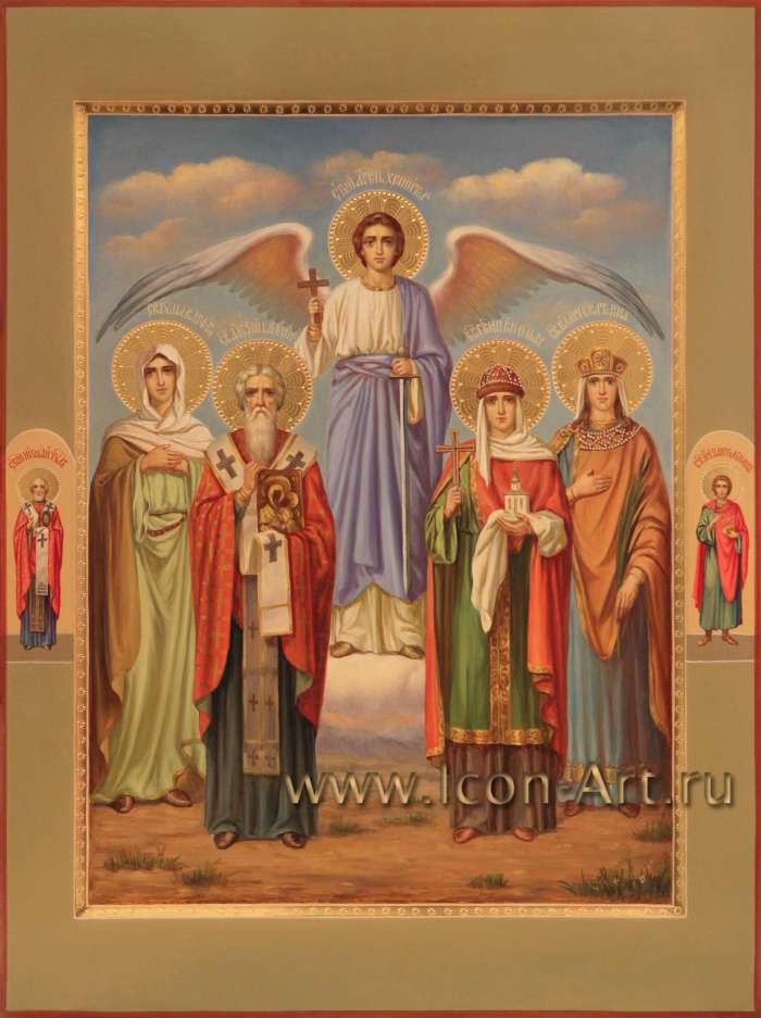 Фото: Семейная икона. Святые: Ангел Хранитель, мученица Иулия Карфагенская, святитель Алексий Вифинский, равноапостольная княгиня Ольга, великомученица Екатерина. На полях святитель Николай и вмч. Пантелеймон