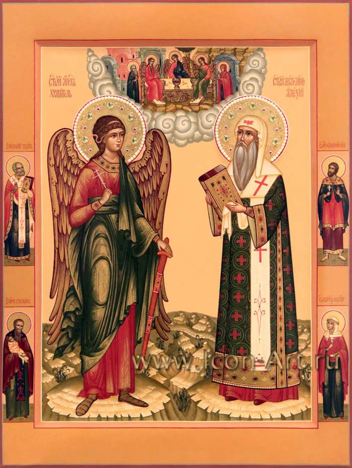 Фото: Семейная икона. Святая Троица, святые: Ангел Хранитель, святитель Алексий, митрополит Московский. На полях: святитель Николай, мч. Евгений Севастийский, прп. Стилиан Пафлогонянин, мц. Мария Кесарийская