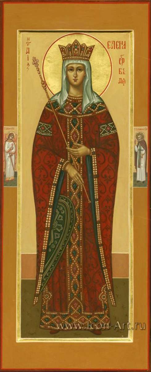 Фото: Мерная икона. Святая прп. Елена Сербская, королева. На полях иконы: святой Ангел Хранитель и святой прп. Серафим Саровский