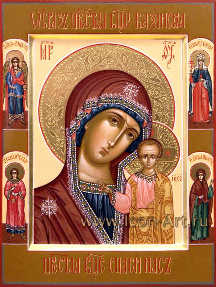 Фото: Икона Пресвятой Богородицы «Казанская» с избранными святыми: Арханегл Михаил, равноап. Елена, прп. Роман Сладкопевец. св. Анна Пророчица