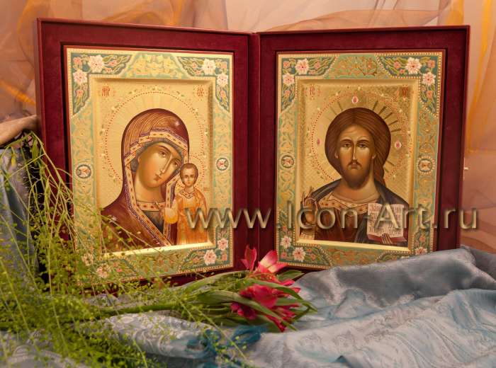 Венчальные иконы Казанской Божией Матери и Господа Вседержителя с эмалью, работа №4096