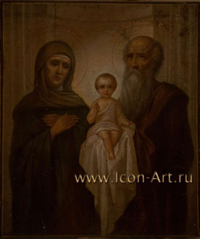 Младенец Христос со святыми Анной пророчицей и Симеоном Богоприимцем, темная реалистичная композиция с младенцем в центре