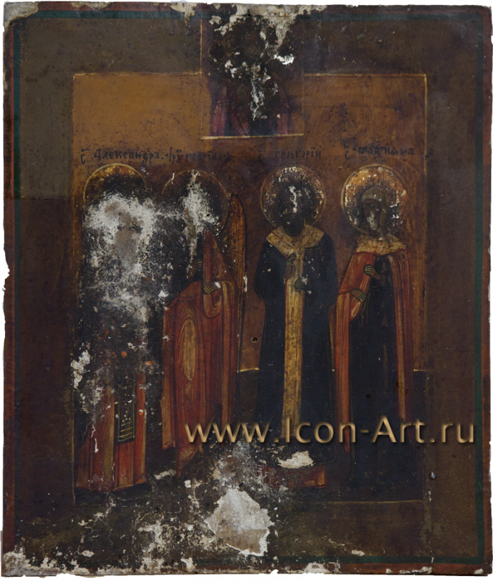 Семейная икона: свт. Николай с избранными святыми: ст. Александр, многофигурный образ с крупными белыми утратами