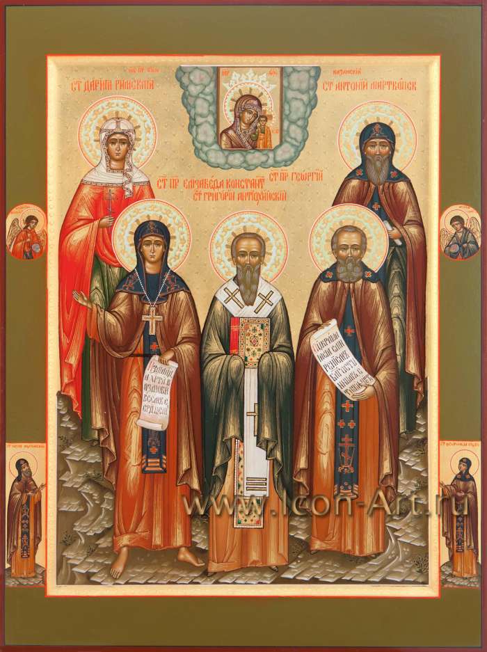 Фото: Семейная икона: Казанская икона Богородицы и святые: мц. Дария Римская, прп. Елизавета Константинопольская, свт. Григорий Антиохийский. прп. Георгий, прп. Антоний Марткопский