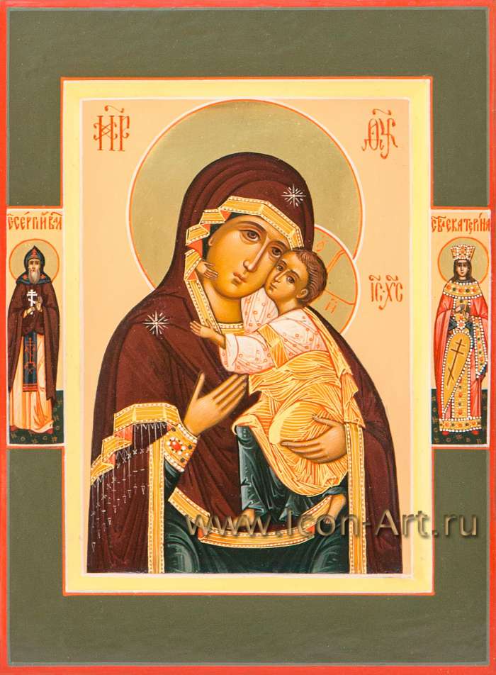 Фото: Пресвятая Богородица «Толгская» с полеосными святыми: прп. Сергий Валаамский и вмц. Екатерина