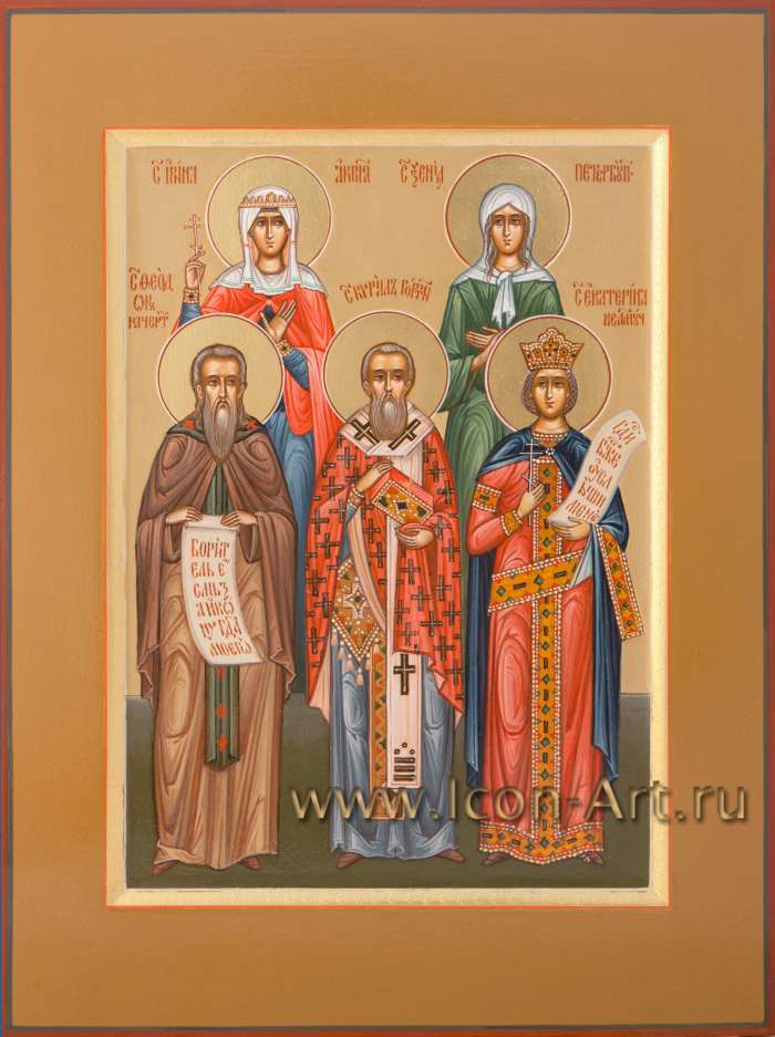 Фото: Семейная икона. Святые: мц. Ирина Аквилейская, блаж. Ксения Петербуржская, прп. Феодор Начертанный, свт. Кирилл Гортинский, вмц. Екатерина