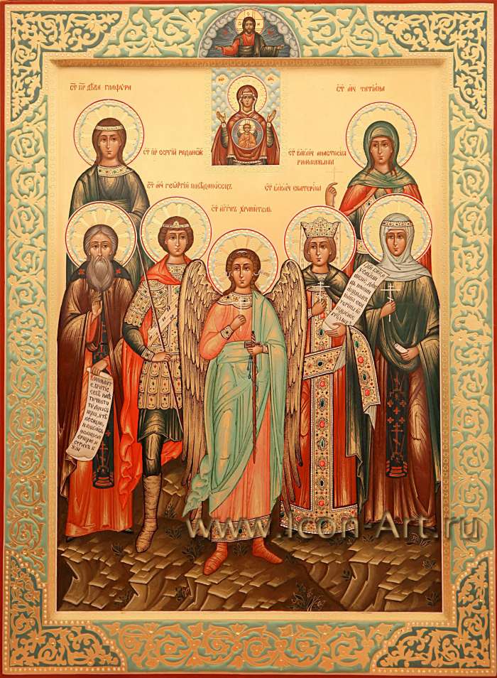 Фото: Семейная икона. Пресвятая Богородица «Знамение», святые: пр. Глафира, мц. Татиана, прп. Сергий, мч. Георгий, Ангел Хранитель, вмц. Екатерина, вмц. Анастасия