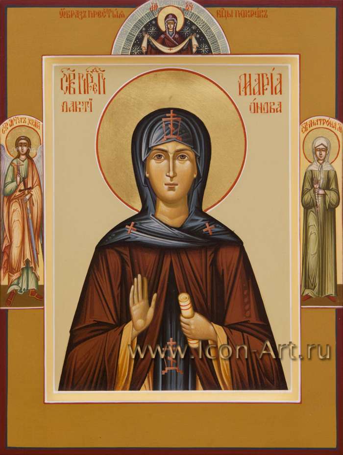 Фото: Святая преподобная Мария Лактионова, на полях: Покров Пресвятой Богородицы, святой Ангел Хранитель, святая блаженная Матрона Московская