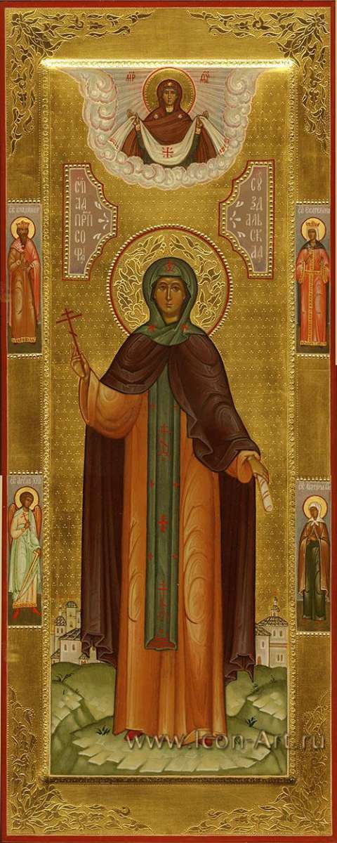 Фото: Святая прп. София Суздальская. На полях иконы: святой кн. Владимир, святая великомуч. Екатерина, святой Ангел Хранитель, святая Матрона Московская. Сверху покров Пресвятой Богородицы.