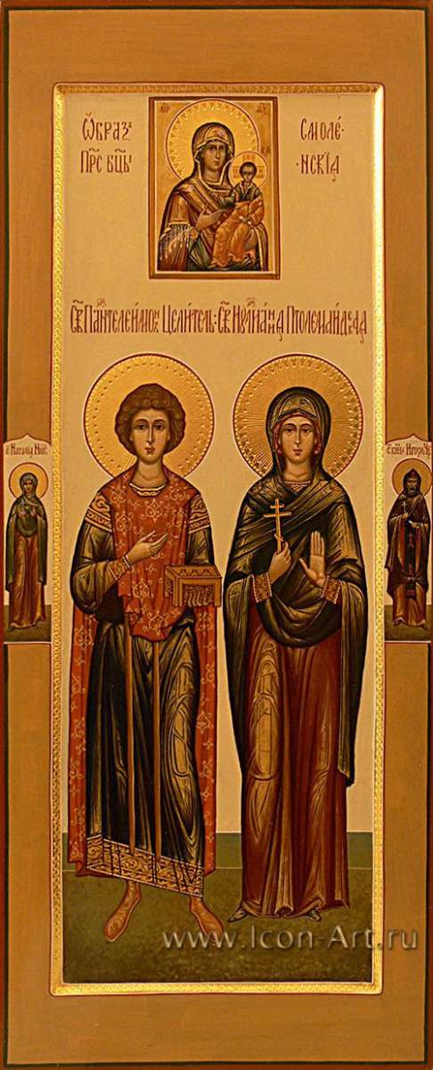 Фото: Святой мч. и Целитель Пантелеимон и святая мц. Иулиания Птолеамидская. Образ Пресвятой Богородицы «Смоленская». На полях иконы: святая Наталия Никомидийская и святой Игорь Черниговский