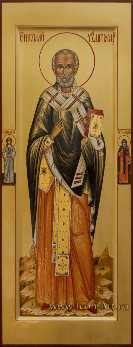 Фото: Святитель Николай Мирликийский, на полях: мц. Вера и прп. Илия Мурин 