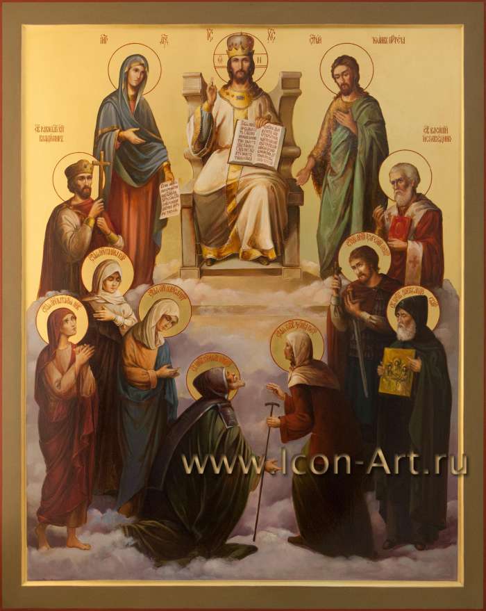 Фото: Семейная икона: Деисус с предстоящими святыми: вл. кн. Владимир, свт. Василий Исповедник, мц. Галина, мч. Евгений, мц. Наталия, мц. Лариса, прп. Кирилл Новоезерский, блж. Ксения, прп. Александр Свирский