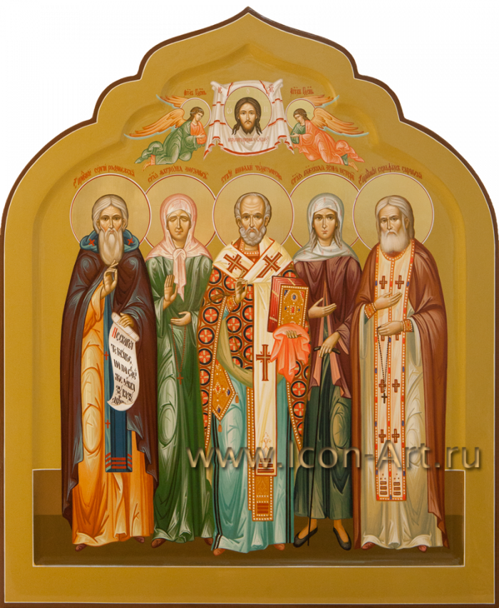 Фото: Семейная икона: прп. Сергий Радонежский, блаж. Матрона Московская, святитель Николай Чудотворец, блаж. Ксения Петербуржская, прп. Серафим Саровский 