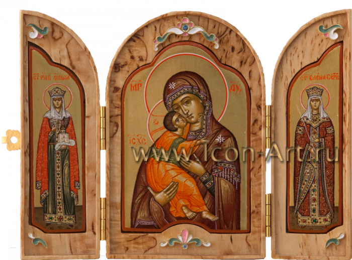 Фото: Складень: Пресвятая Богородица «Владимирская», ст. кн. Ольга и царица Елена Сербская 