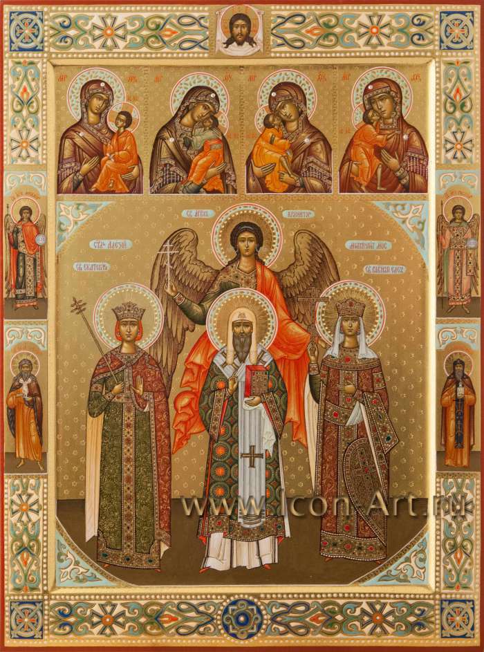 Фото: Семейная икона: Ангел Хранитель, святая вмц. Екатерина, свт. Алексий Московский, равноап. царица Елена с избранными иконами Богородицы