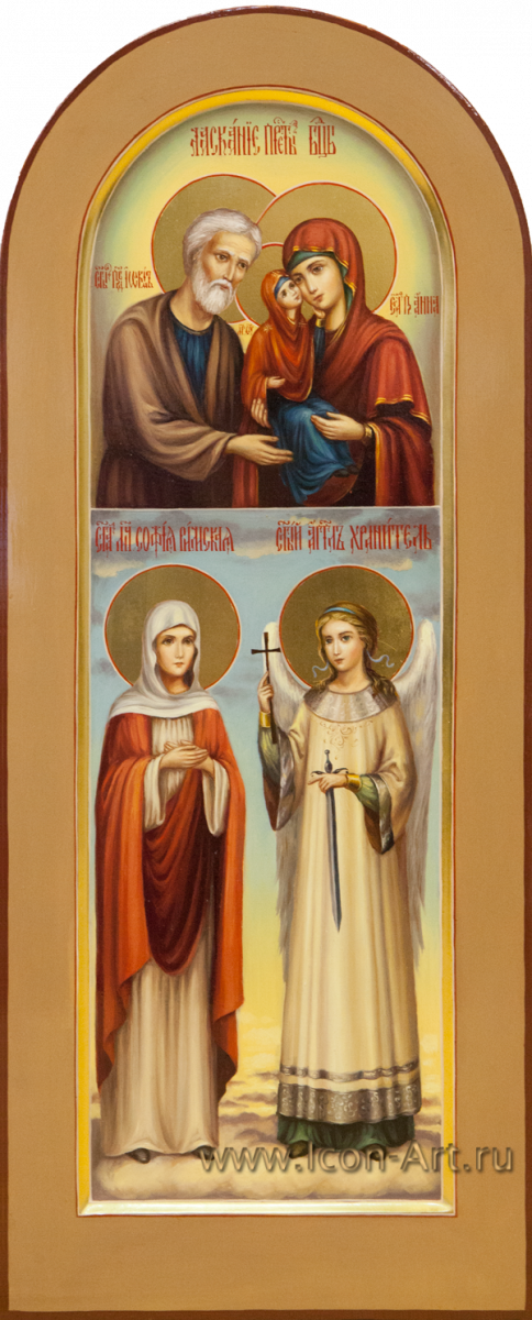 Фото: Мерная двухчастная икона: Ласкание Пресвятой Богородицы, Мц. София Римская, Ангел Хранитель