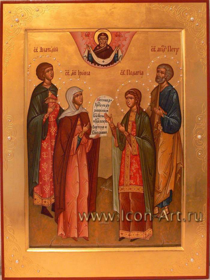Фото: Семейная икона. Святой Анатолий, святая мц. Ирина Коринфская, святая Пелагея и святой апостол Петр. Сверху Покров Пресвятой Богородицы