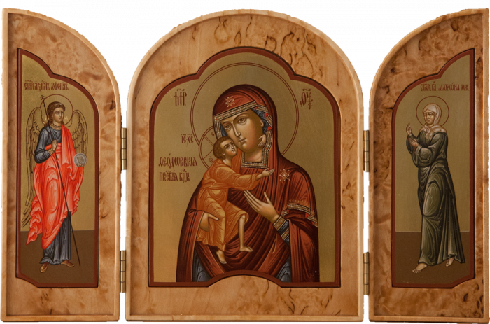 Фото: Складень: Пресвятая Богородица Владимирская», св. Ангел Хранитель и блаж. Матрона Московская