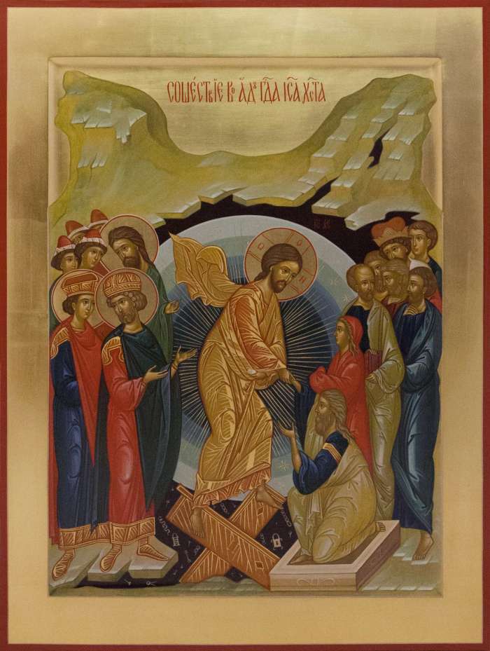 Сошествие во ад с позолотой, многофигурная композиция у темной пещеры в приглушенной гамме