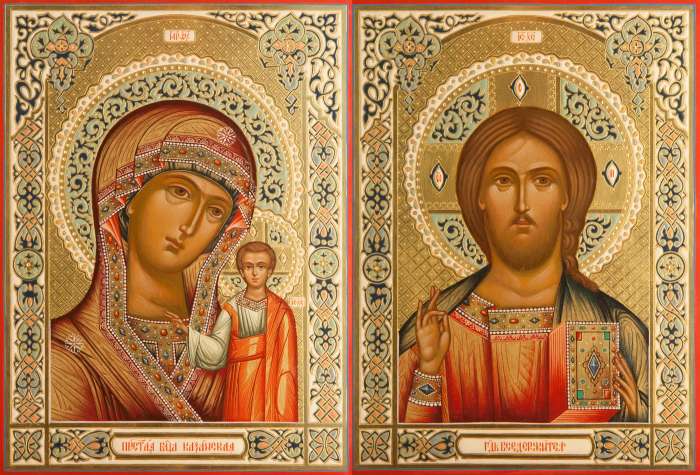 Фото: Венчальная пара с иконой Богородицы «Казанская»