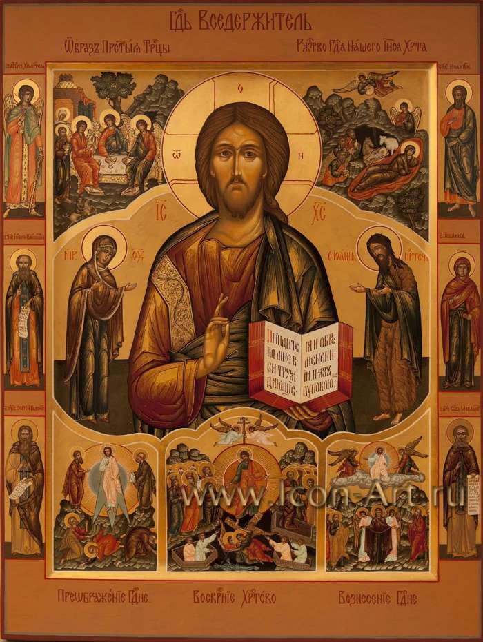 Фото: Спаситель, Пресвятая Богородица, Иоанн Предтеча, святой праведный Иаким, святой Иосиф Волоцкий, святая праведная Анна, Святой Сергий Радонежский, святой Савва Освященный. Образ Святой Троицы, Рождество Христово, Прображение, Воскресение, Во