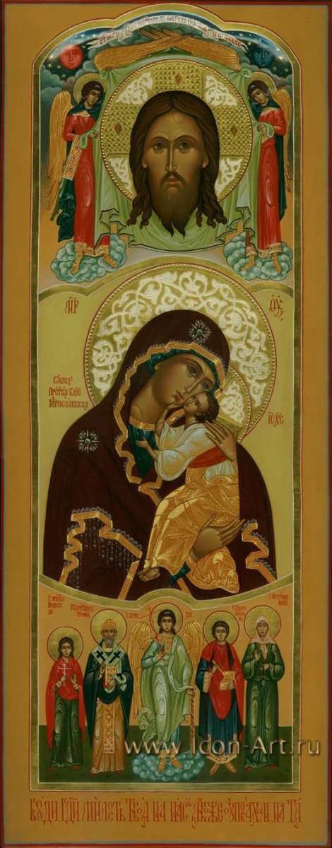 Фото: Семейная икона. Нерукотворный Образ, Образ Пресвятой Богородицы «Ярославская», святая мц. Надежда, святой Спиридон Тримифунтский, святой Ангел Хранитель, святой мч. Пантелеимон и святая Матрона Московская.